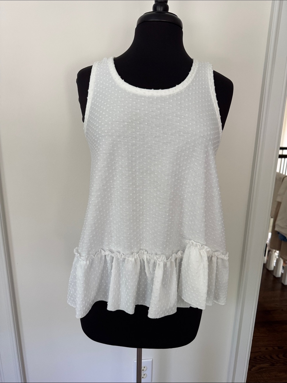 White Swiss Dot Ruffle Hem Tank Top - Women's